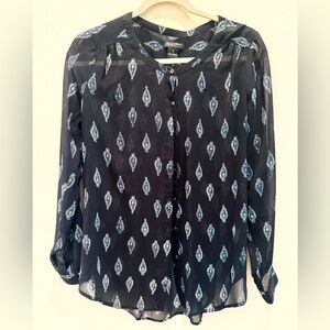 Lucky Brand Navy Blue Sheer Blouse with White Paisley